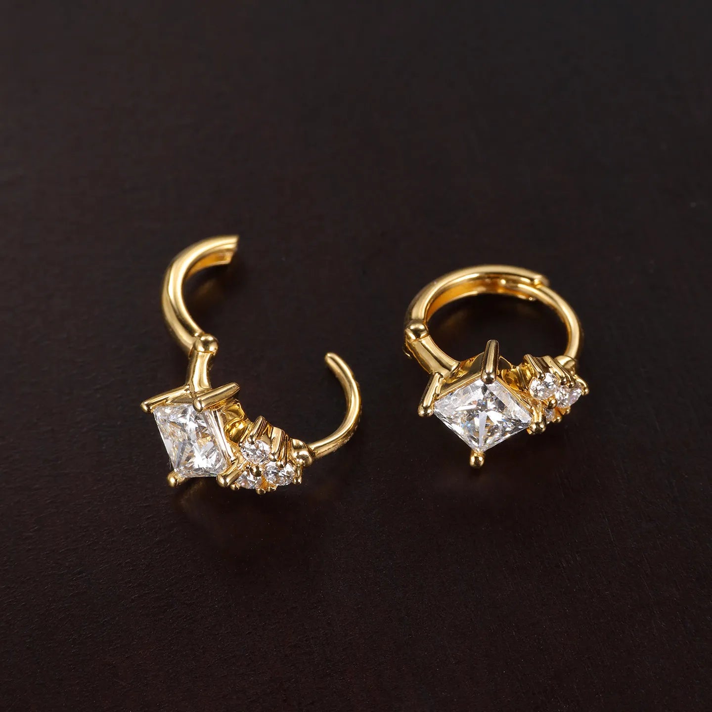 S925 Sterling Silver 18K Gold Plated Princess Cut CZ Huggie Hoop Earrings, Women's Sparkling Cluster Jewelry Gift