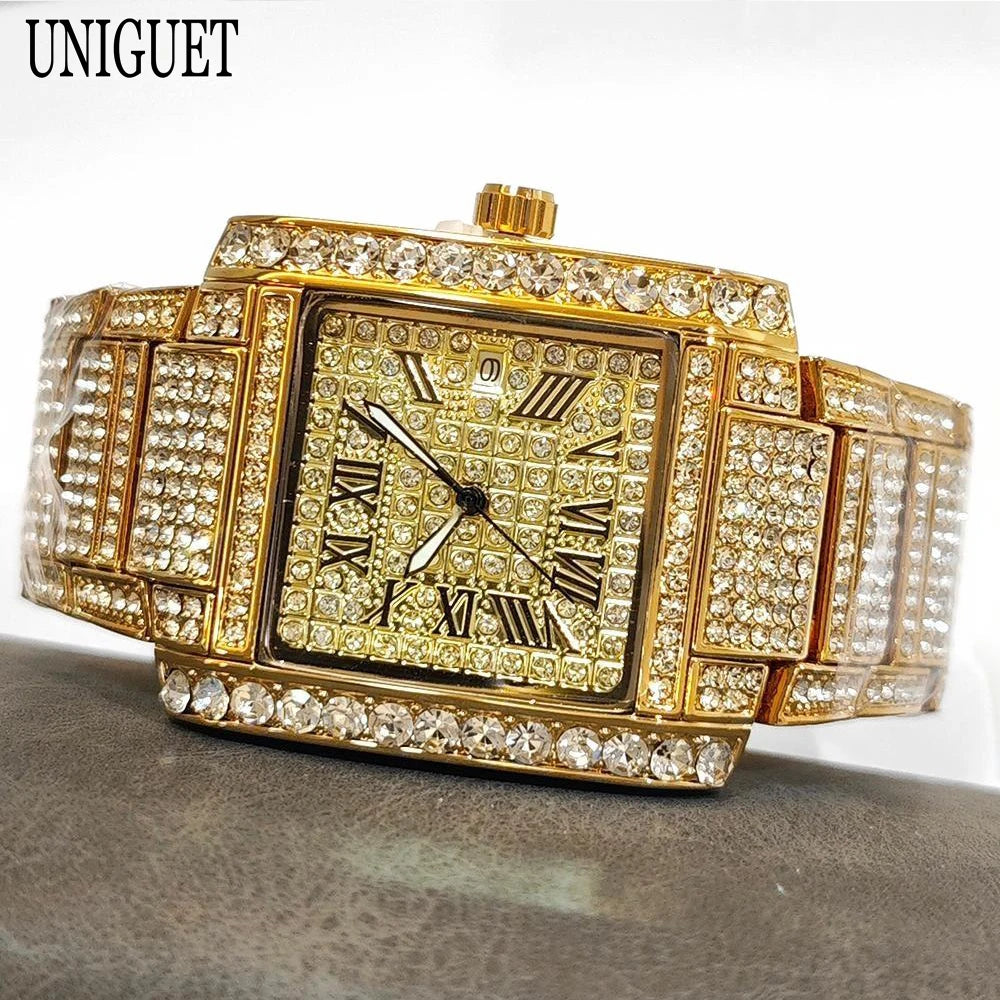 UNIGUET Iced Out Watch For Men Luxury Gold Stainless Steel Quartz Watches Hip Hop Full Diamonds Rectangle AAA Wristwatch Man