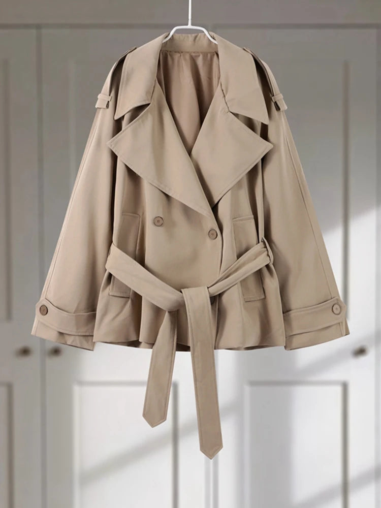 Casual Loose Jackets Women Lapel Long Sleeves Belt Double Breasted Short Windbreaker 2025 Spring Fashion Chic Streetwears Lady