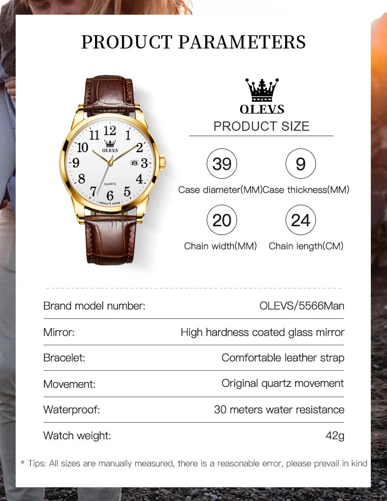 OLEVS 5566 Fashion Quartz Watch for Men and Women Leather Strap Waterproof Original Watch Arabic Numeral Scale Giving to Elders