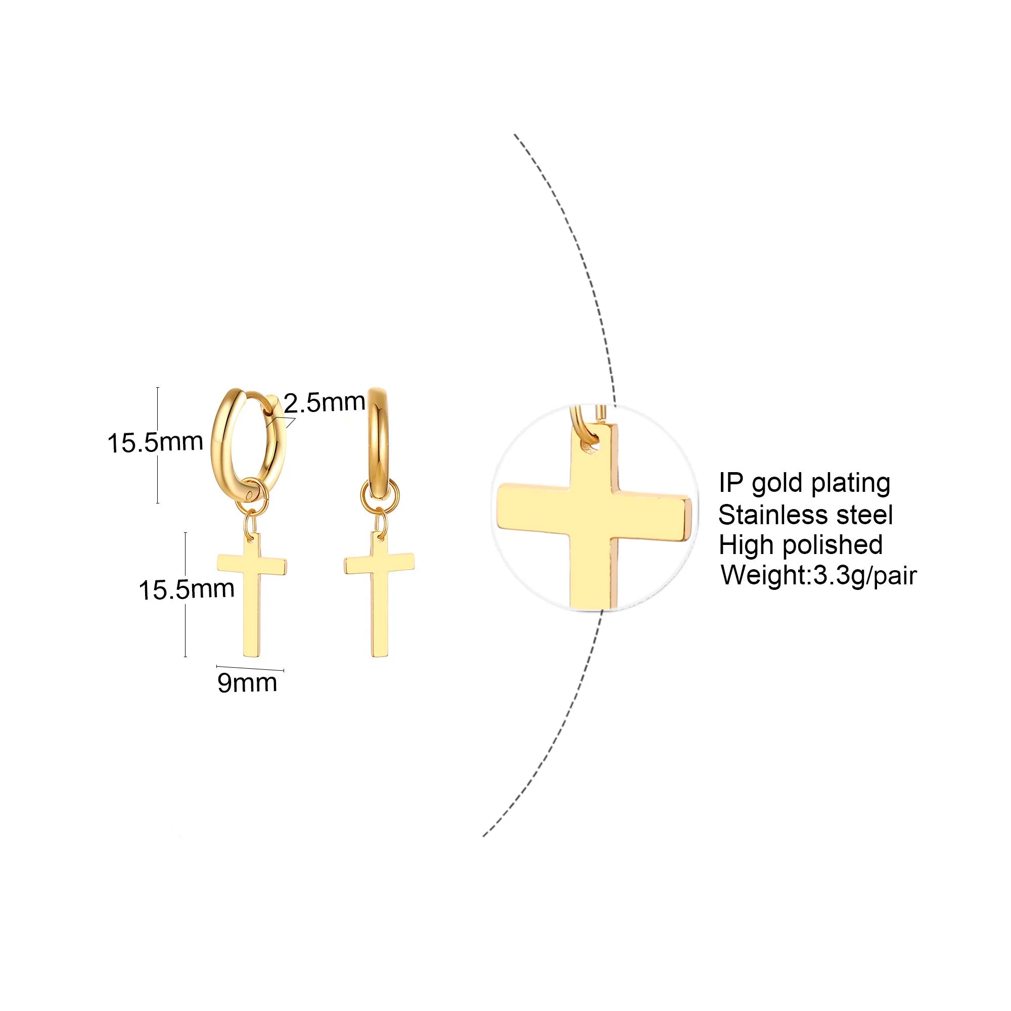 Dainty Minimalist Gold Color Dangling Cross Shaped Charm Huggie Pierced Hoop Earrings For Guy Men Women Jewelry