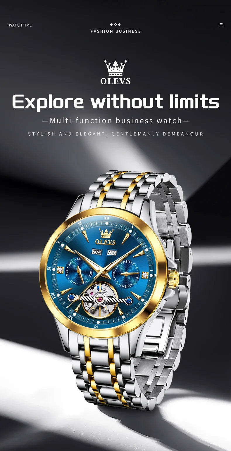 OLEVS Automatic Man Watch Skeleton Flywheel Luxury Original Mechanical Wristwatch Waterproof Stainless Steel  Men's Watches 7091