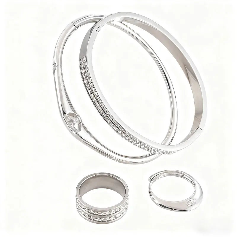 ZAKOL 4pcs/set Light Luxury Women’s Jewelry Sparkling Bracelet Ring Set with Rhinestone Waterproof Stainless Steel Jewelry