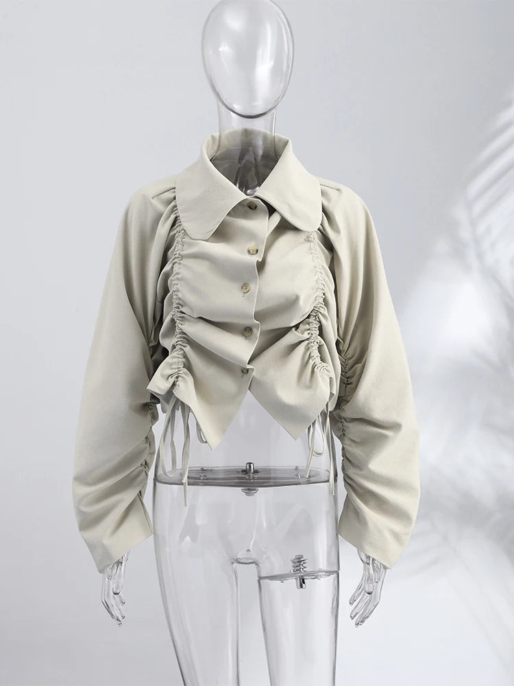 Women Coat Lapel Collar Ruched Jacket Beige Drawstring Top Button Front Lightweight Crop Outerwear Spring Outfit Woman Clothes