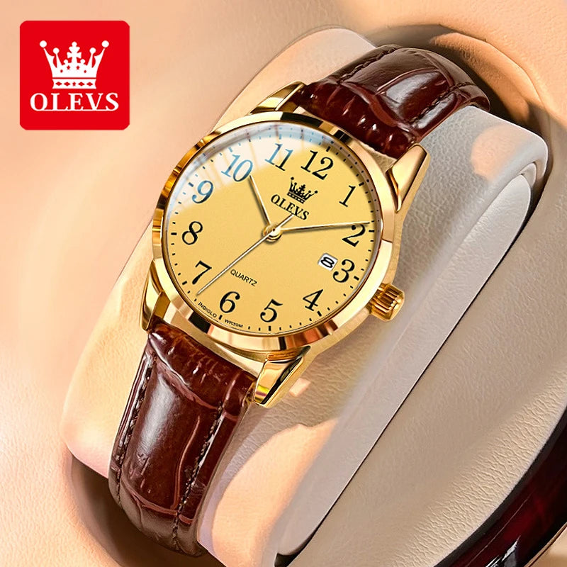 OLEVS 5566 Fashion Quartz Watch for Men and Women Leather Strap Waterproof Original Watch Arabic Numeral Scale Giving to Elders