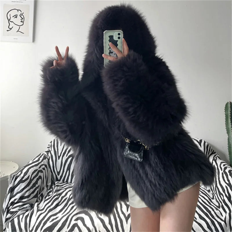 ZXRYXGS Elegant Temperament Hooded Coat Women's Clothing Imitation Fox Fur Coat 2025 New Autumn Winter Jackets Black White