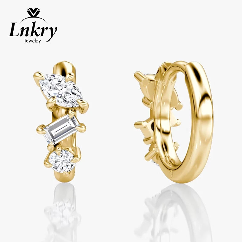 Lnkry 14K Gold Filled Three Stone Huggie Earring Sparkling Marquise/Round/Rectangular Cut Moissanite Hoop Earrings For Women