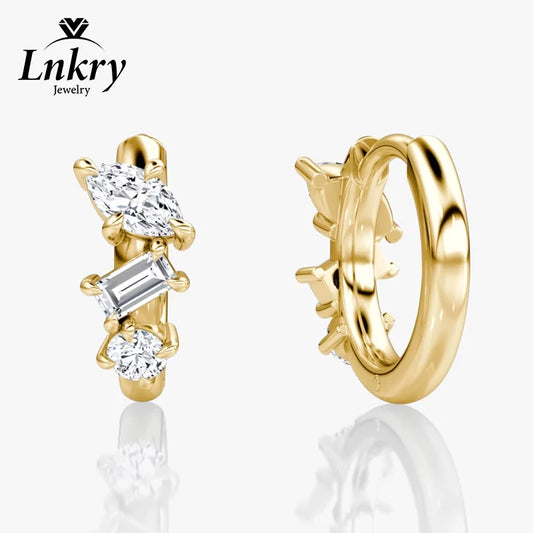Lnkry 14K Gold Filled Three Stone Huggie Earring Sparkling Marquise/Round/Rectangular Cut Moissanite Hoop Earrings For Women