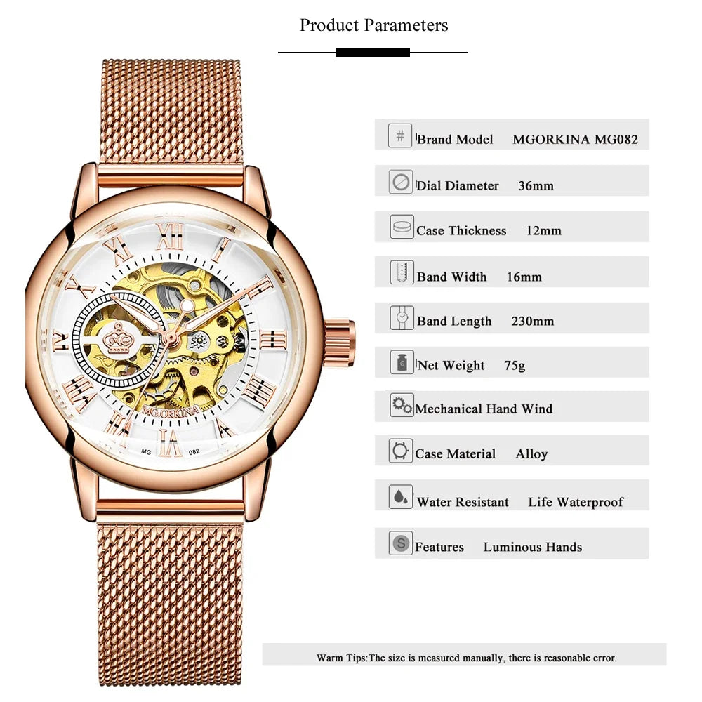 ORKINA Luxury Brand Skeleton Design Waterproof Automatic Mechanical Stainless Steel Mesh Strap Rose Gold Wrist Watch for Women