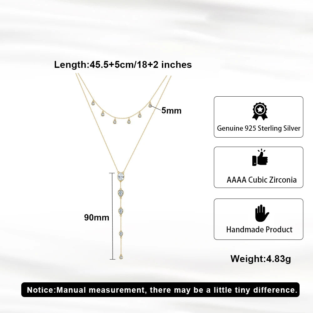 EFFIE QUEEN Dainty Zircon Y-Shaped Pendant Necklace Trendy Layered CZ Beaded Choker Long Chain 925 Sterling Silver Jewelry BQN16
