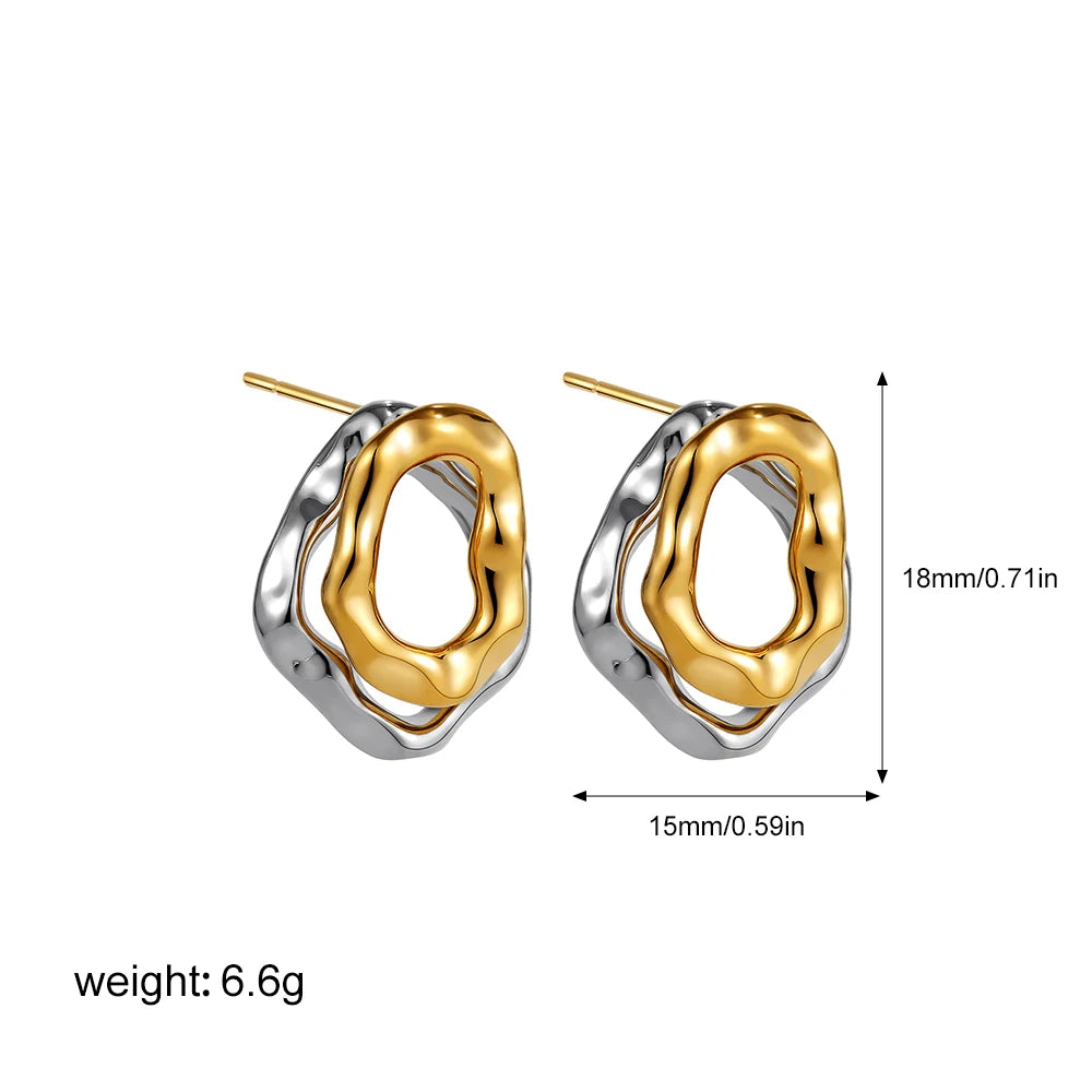 Two-wear Irregular Gold Sliver Colors Circles Bilayer Piercing Post Earring for Women Bicolor Hammered Texture Geometric Jewelry