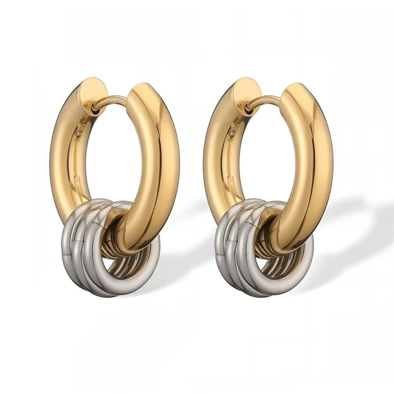Stainless Steel Three Ring Huggie Earrings for Women Gold Plated Metal Geometric Round Circle Hoop Earrings Minimalist Jewelry