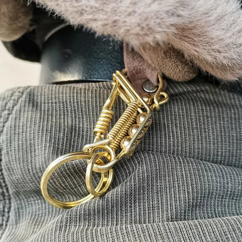 Handmade Keychains  2Brass Wire Car Key Ring, Engraved Retro Matte Round Bead, Men's Gift Waist Trinket Outdoor Mechanical Style