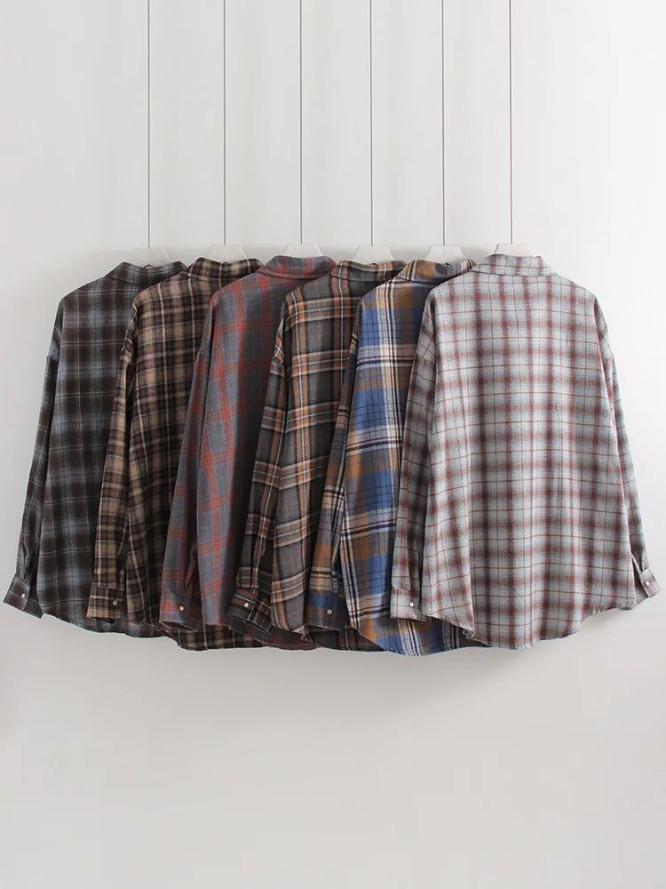 Streamgirl Oversized Plaid Shirt Women 2026 Spring Loose Vintage Long Shirts Full Sleeve Women Plaid Brown Oversized Shirt Blue