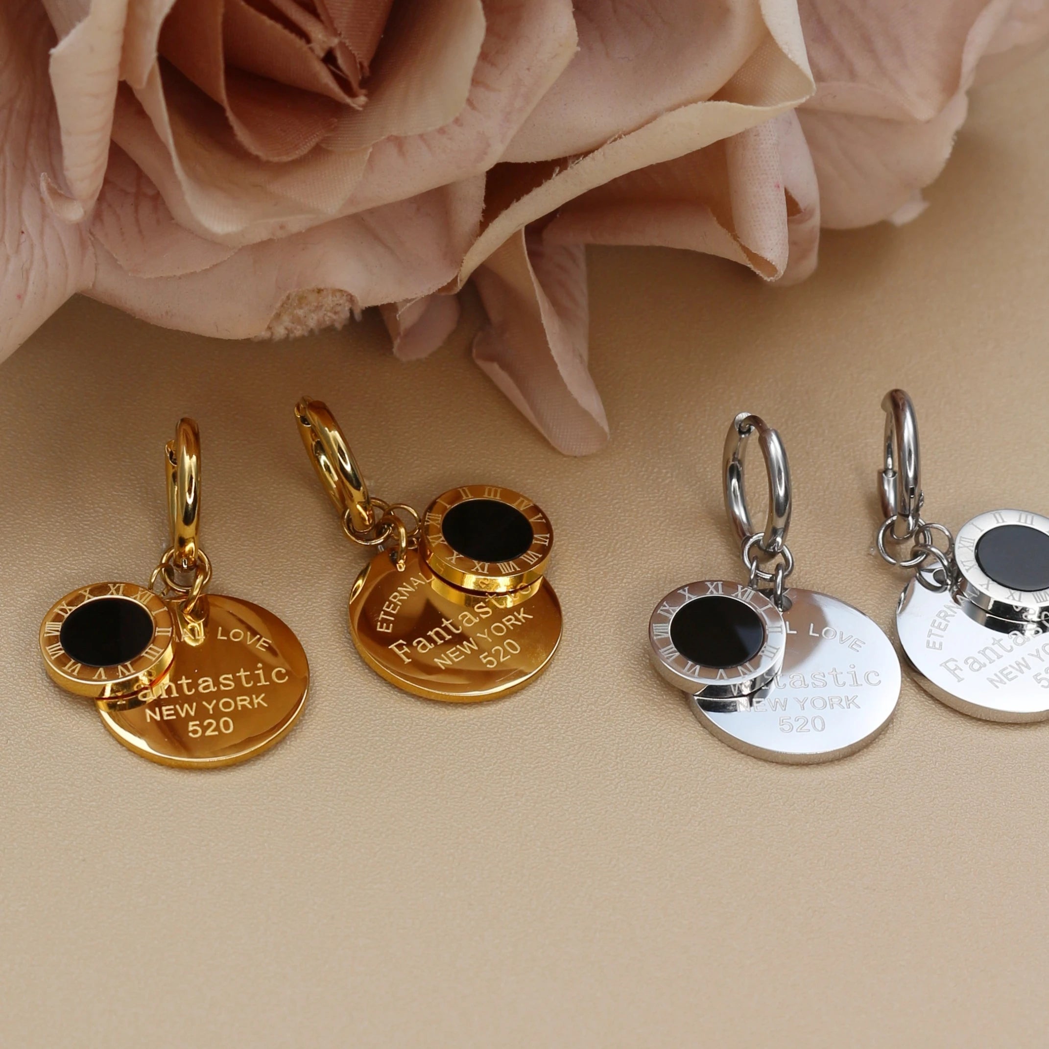 XE-193 New Roman Numeral Medallion Design FOREVER LOVE Stainless Steel Ladies' Jewellery Earrings Gift Wholesale