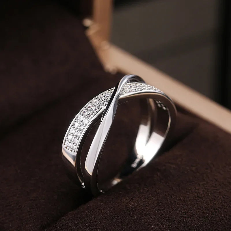 Classic Female Ring 925 Sterling Silver Two Tone X Shape Cross Rings For Women Infinite Dazzling Zircon Wedding Rings Anillos