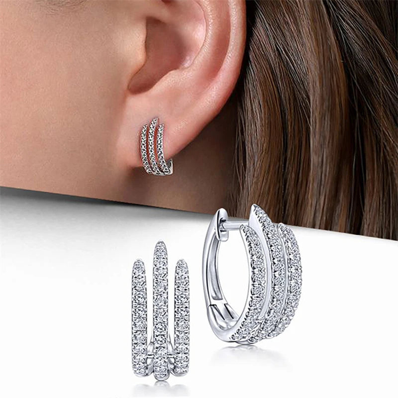 Huitan Simple Stylish Lines Hoop Earrings for Girl Small Circle Exquisite Cubic Zirconia Silver Color Earrings Statement Jewelry