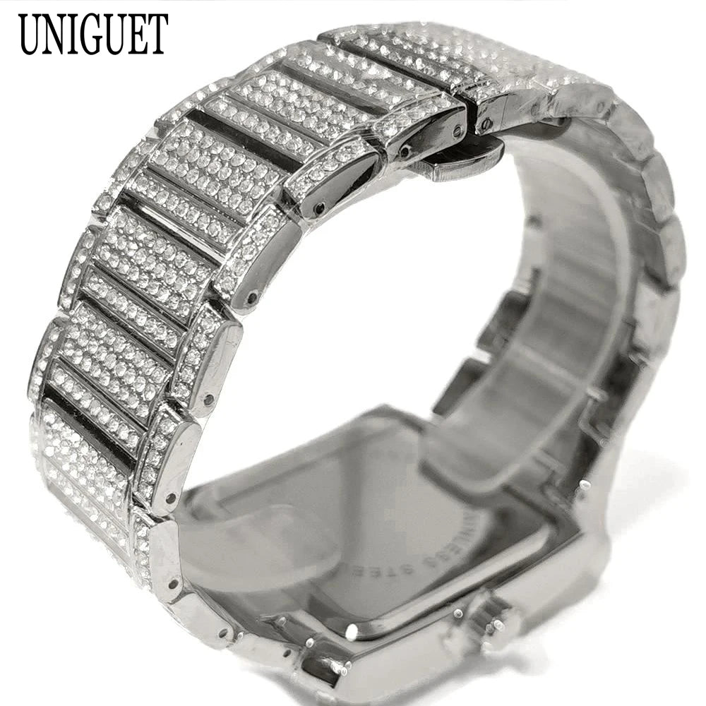 UNIGUET Iced Out Watch For Men Luxury Gold Stainless Steel Quartz Watches Hip Hop Full Diamonds Rectangle AAA Wristwatch Man