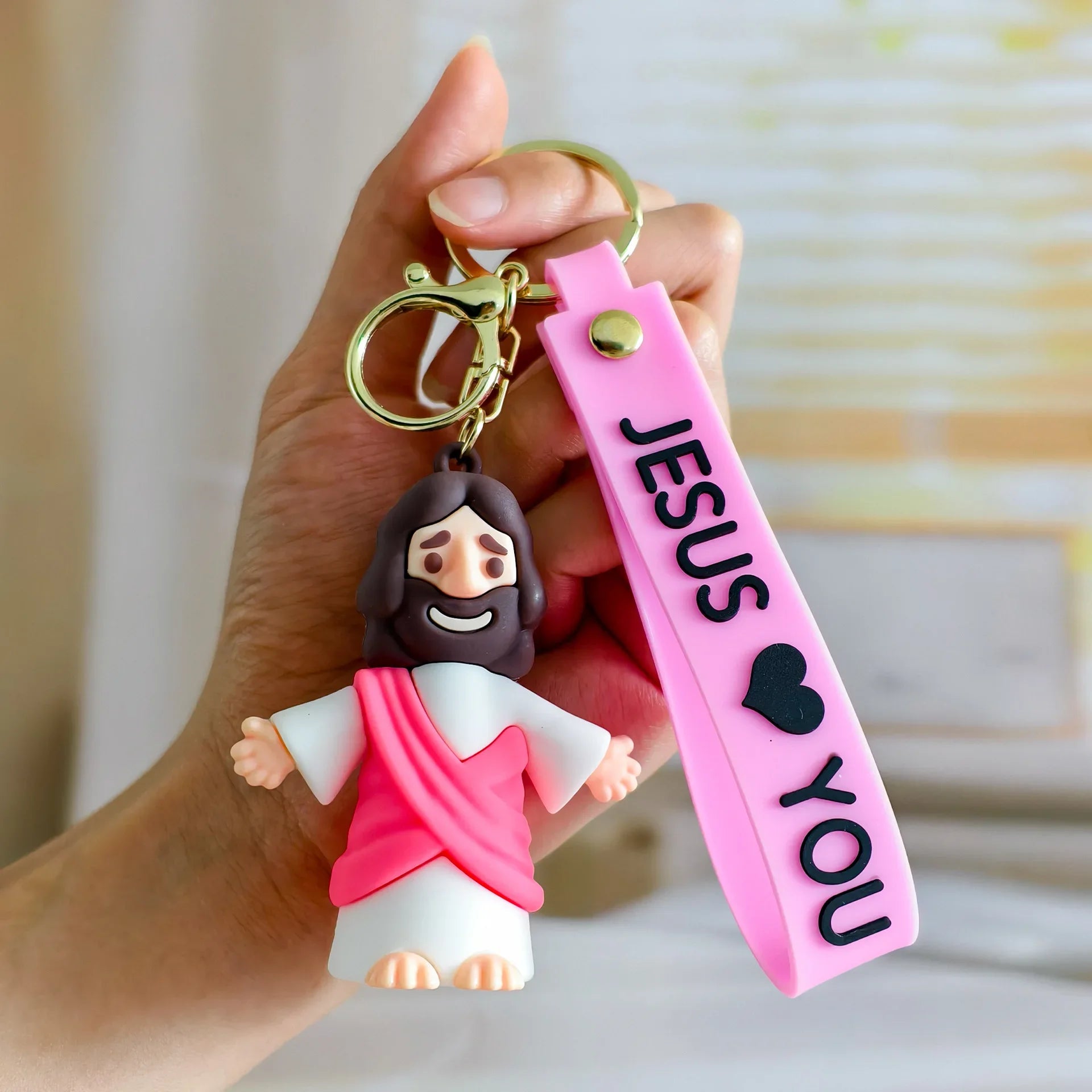 Jesus Cartoon Keychains - Cute Silicone Religious Key Rings with Colorful Straps, Christian Themed Bag/Key Accessories
