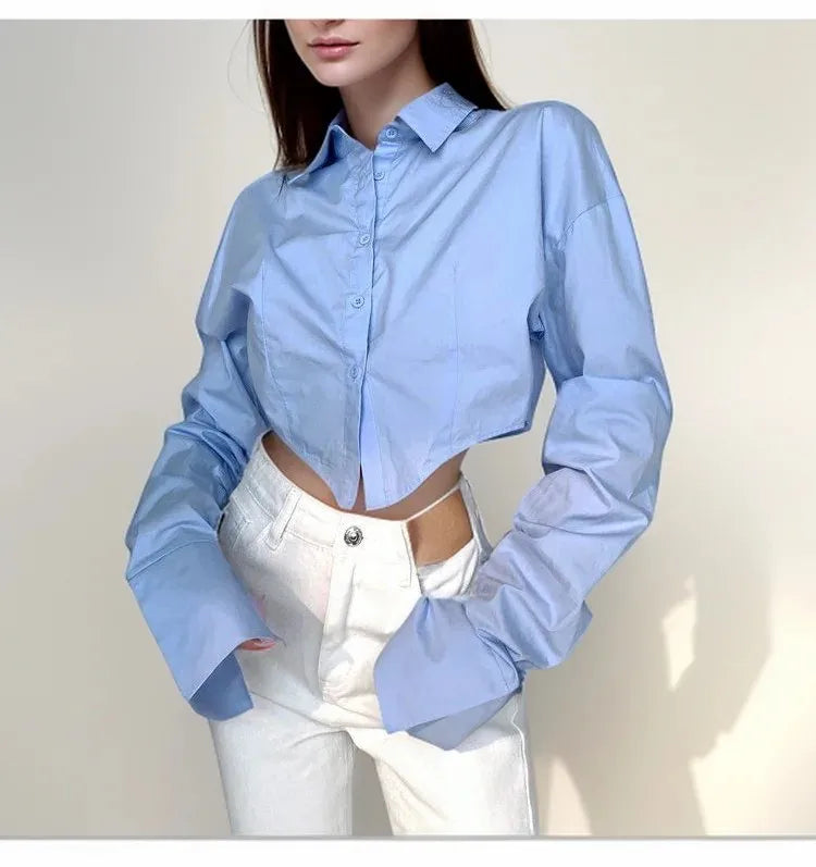 Zadily Summer 2025 Korean Style Long Sleeve White Shirt Sexy Button Detail Crop Top Women's Streetwear Blouse Female Clothing