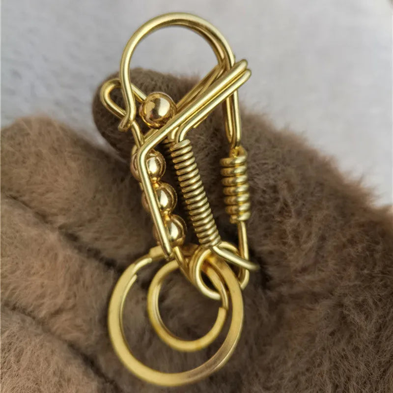 Handmade Keychains  2Brass Wire Car Key Ring, Engraved Retro Matte Round Bead, Men's Gift Waist Trinket Outdoor Mechanical Style