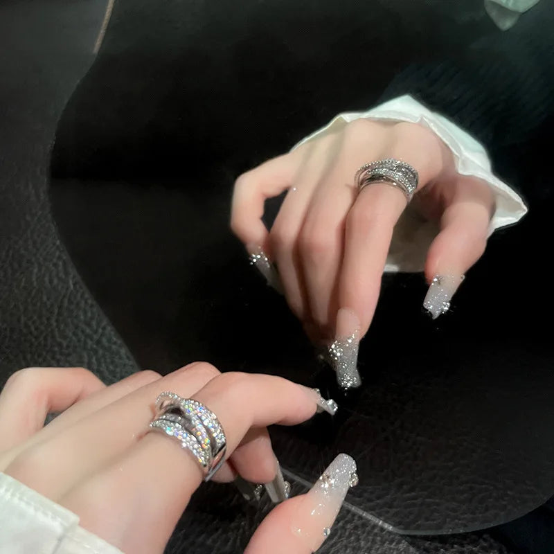 Korea New Fashion Jewelry Exquisite Silver Color Zircon Ring Elegant Women's Opening Adjustable Wedding Gift Luxury Accessory