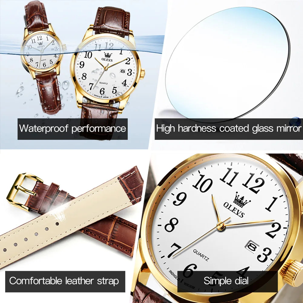 OLEVS 5566 Fashion Quartz Watch for Men and Women Leather Strap Waterproof Original Watch Arabic Numeral Scale Giving to Elders