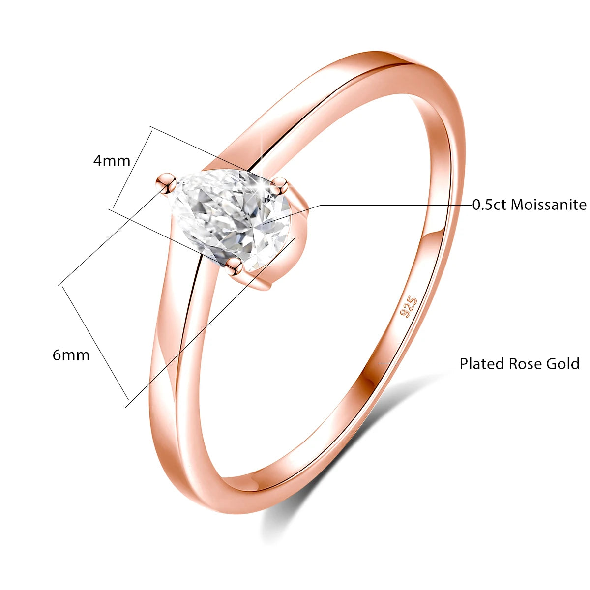 Dainty 0.5ct Pear Moissanite Solitaire Ring, S925 Sterling Silver Twist Shank Engagement Ring Hypoallergenic Fine Jewelry Gifts