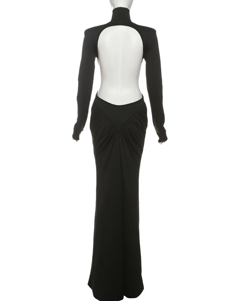 kliou Shirring Sheath Women Maxi Dresses High Street Classic Full Sleeve Straight Shoulder Backless Vestidos Mujer Evening Wear