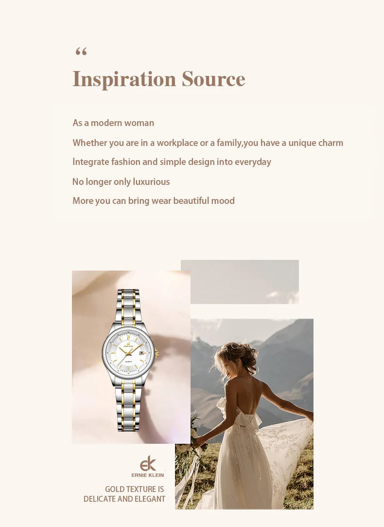 ERNIE KLEIN Women‘s Watches Simple Luxury Fashion Elegant Female Wristwatch Waterproof Luminous Date Exquisite Gift for Girl