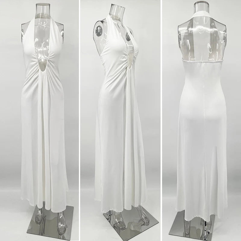 Deep V Neck Halter Long Dress Female Elegant Ruched Ribbon Splice Summer New Vacation Dress Sexy Slim Sleeveless Party Vestido