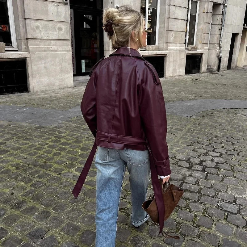 MUJER Faux Leather Bomber Jackets for Women Fashion Cropped Jacket Woman Streetwear Outerwears Long Sleeve Jacket Women Coats