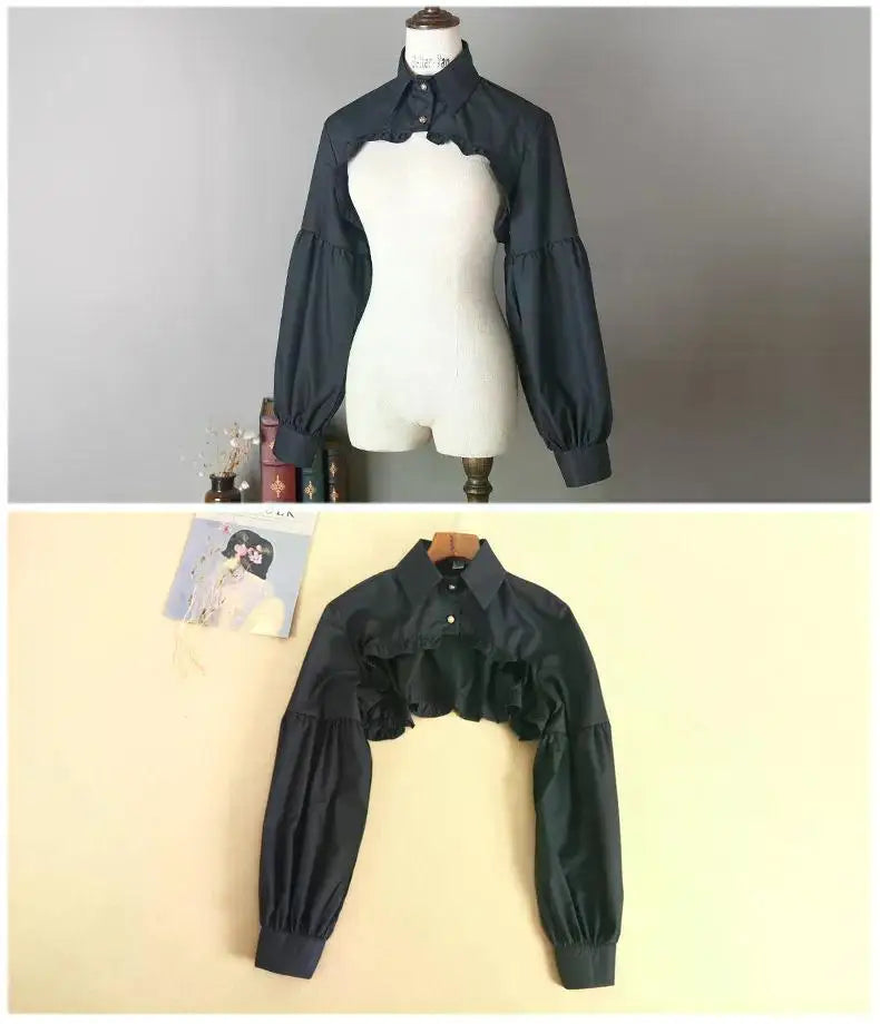 Women Puff Long Sleeve T Shirts Short Top Blouse Ruffled Button Detachable Spread Collar Sweater Decorative Accessories T Shirt