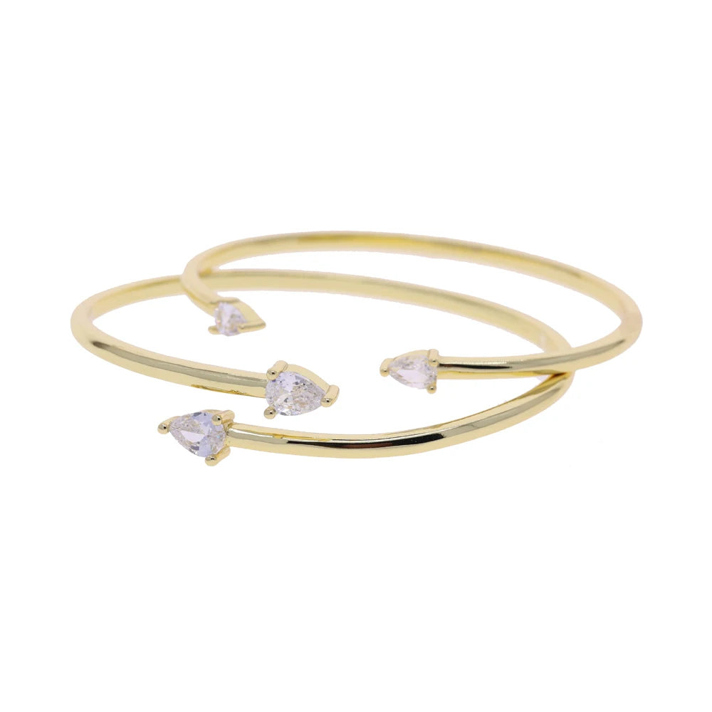 18K Gold Plated Geometric Fashion Women Jewelry 5A Sparking Tear Drop CZ Wrap Open Adjusted Cuff Bangle