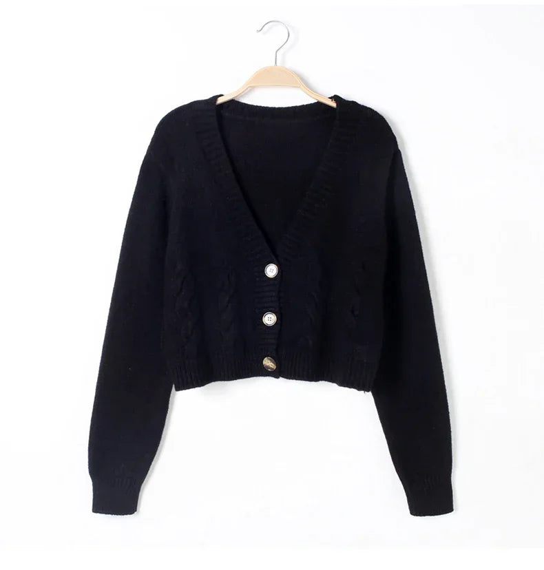 2025 V Neck Cropped Cardigan Women Long Sleeve Twist Knitted Sweater Coats Autumn Winter Keep Warm Korean Fashion Cardigan