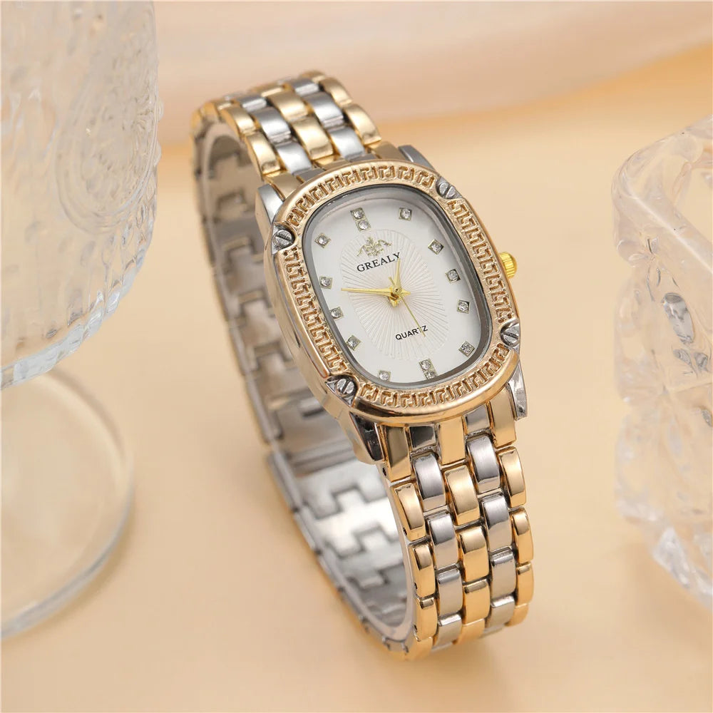 Fashion GREALY Brand Luxury Oval Dial Rhinestone Ladies' Watch  Gold Silver zinc alloy Quartz Wristwatch for Women
