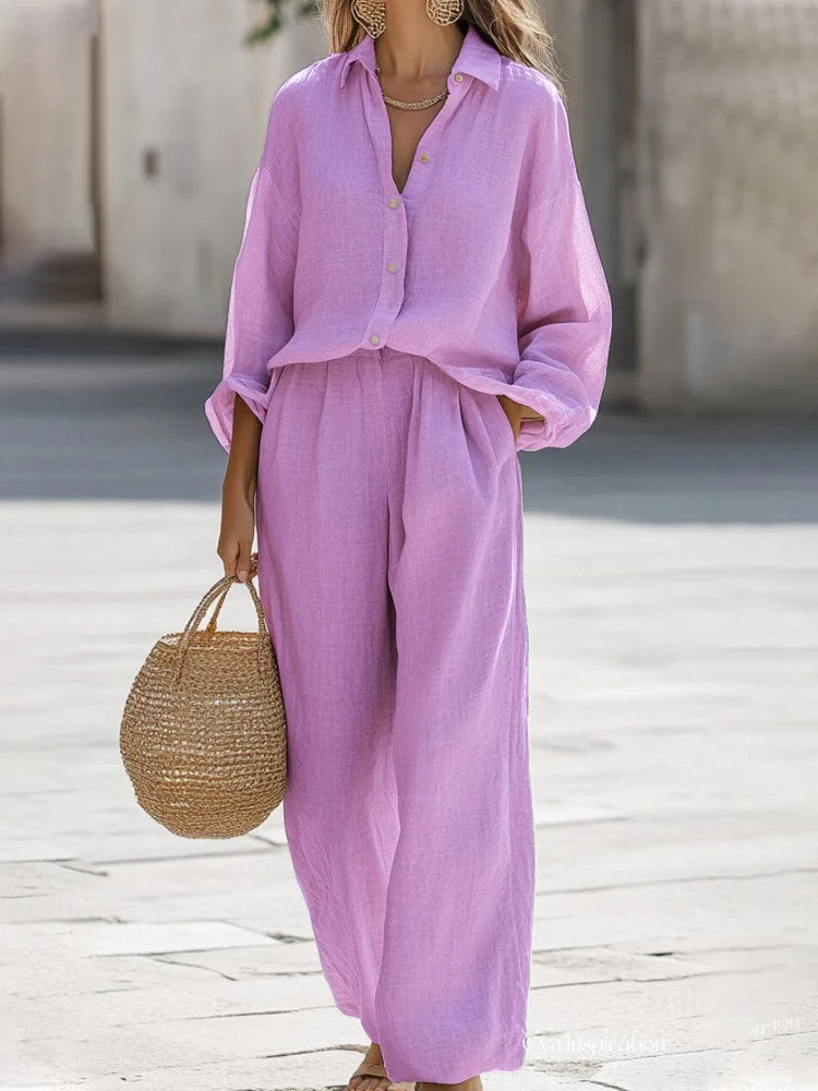 Lady Cotton Linen Shirt Pants Suits Casual Two Piece Set For Women 2025 Autumn Long Sleeve Top And Wide Leg Pants Loose Outfits