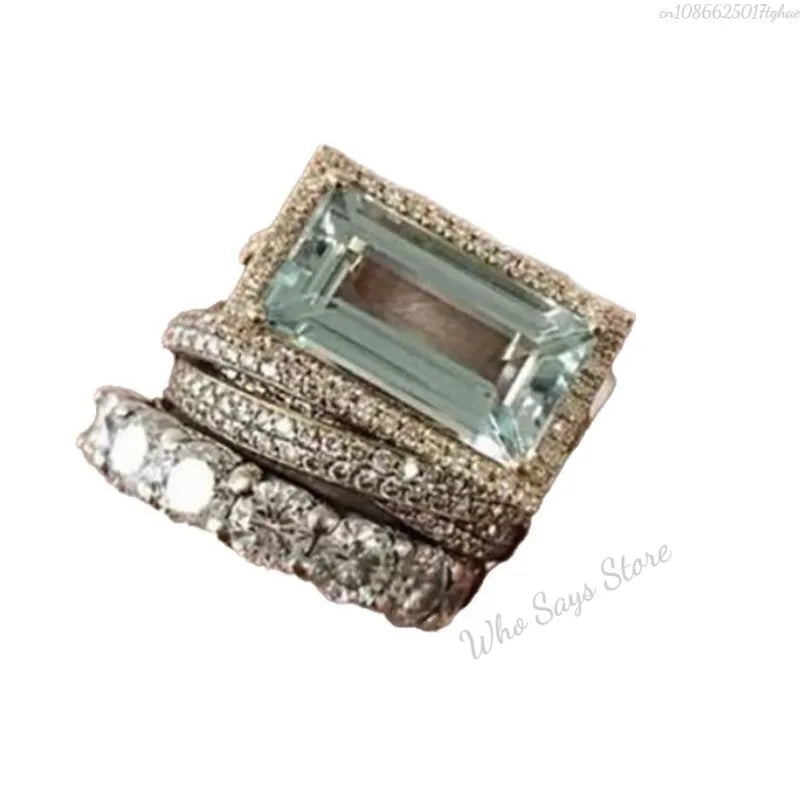 2025 New Fashion Three Piece Set Blue Square Zircon Rings For Women Party Idea Gifts Custom Jewelry