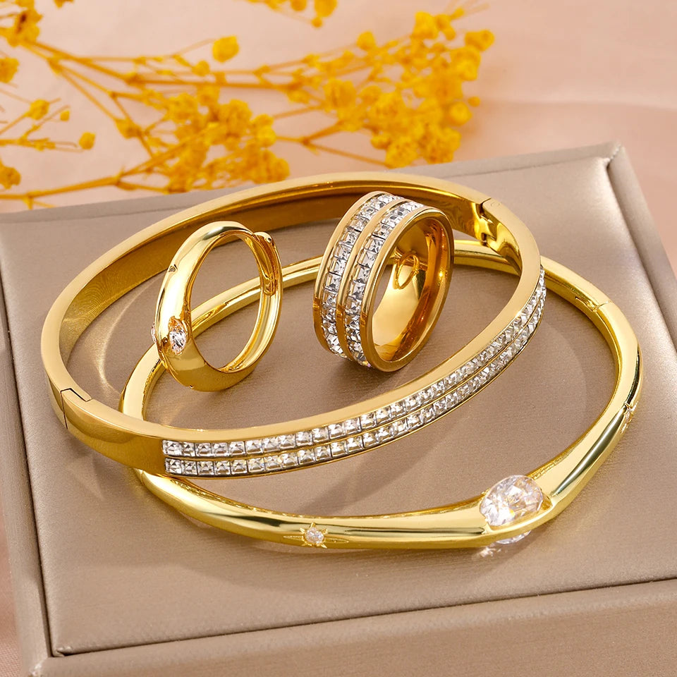ZAKOL 4pcs/set Light Luxury Women’s Jewelry Sparkling Bracelet Ring Set with Rhinestone Waterproof Stainless Steel Jewelry