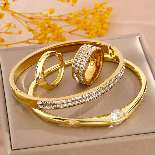 ZAKOL 4pcs/set Light Luxury Women’s Jewelry Sparkling Bracelet Ring Set with Rhinestone Waterproof Stainless Steel Jewelry