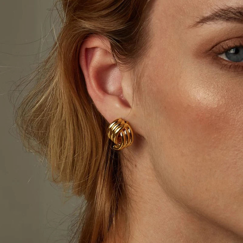 Vintage Texture Gold Plated Stainless Steel Earrings for Women Geometric Circle Twist Statement Earring Fashion Jewelry Bijoux