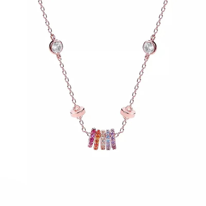 Real Money 925 Sterling Silver Women's Necklace Korean Rainbow Colorful Small Circle Pendant Necklace Wedding Party Jewelry Gift