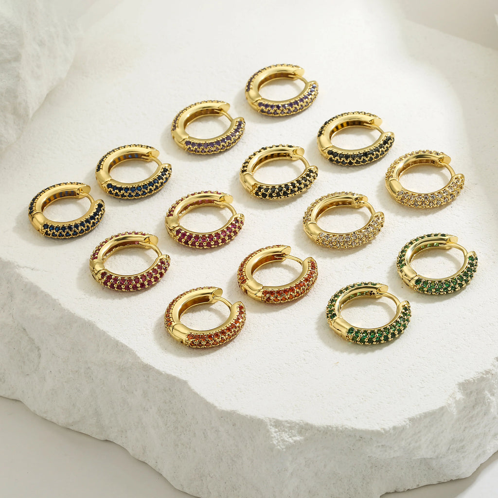 18K Gold Plated Brass Huggie Earrings with CZ Zircon Thin Ear Hoops Earring for Women Round Colorful Earring Piercing