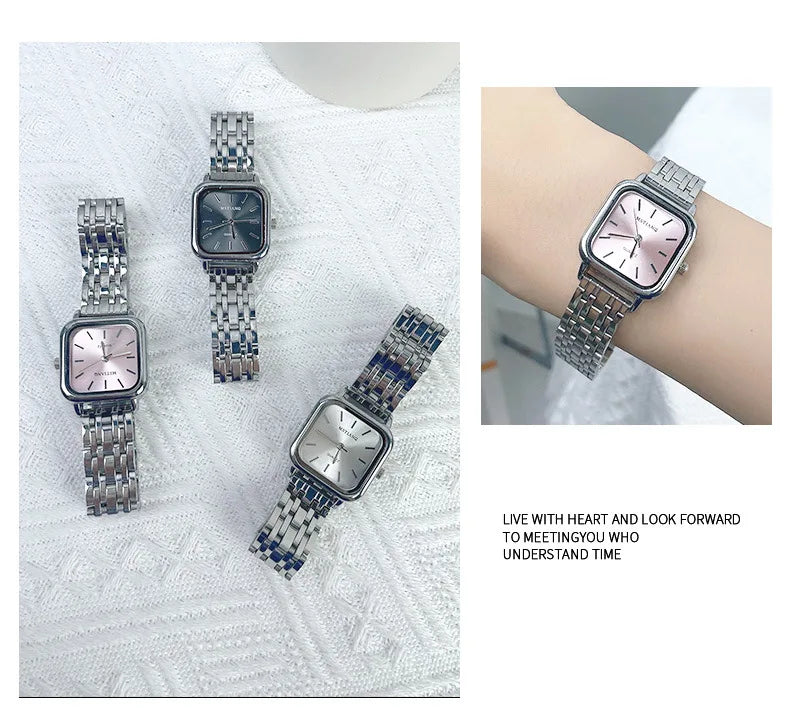 Stainless Steel Watch Women's Ins Style Simple Student Quartz Watch Casual Fashion Versatile Luxury Small Square Wristwatch