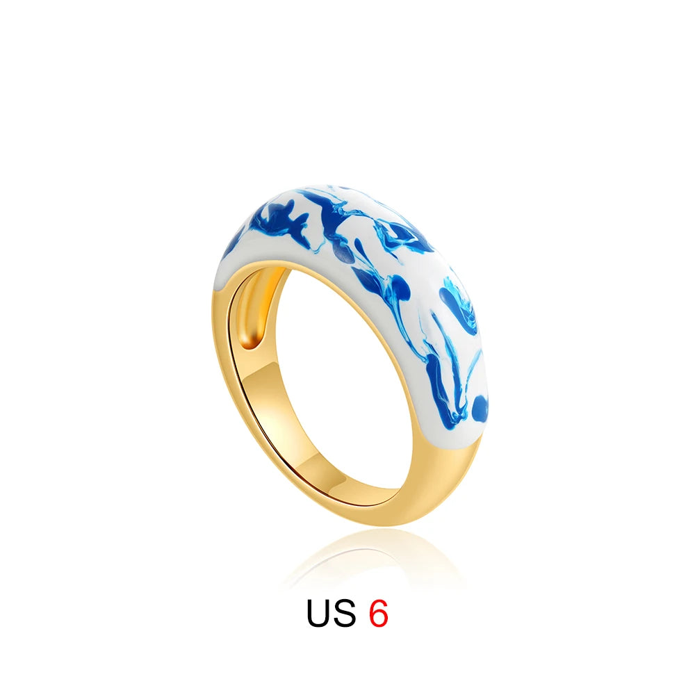 New Trendy White and Blue Enamel Flower Pattern Hoop Earrings for Women Charm Gold Plated U Shape Huggie Hoops Statement Jewelry