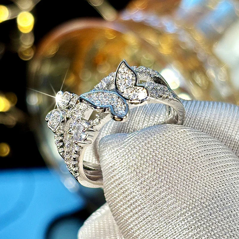 Huitan Romantic Rings with Double Butterfly Shiny Cubic Zirconia Finger Accessories Sweet Exquisite Graceful Jewelry for Wedding