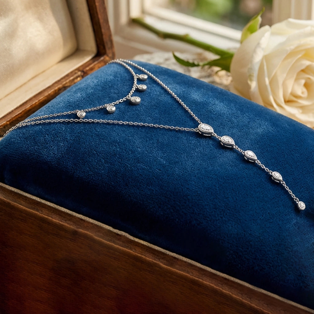 EFFIE QUEEN Dainty Zircon Y-Shaped Pendant Necklace Trendy Layered CZ Beaded Choker Long Chain 925 Sterling Silver Jewelry BQN16