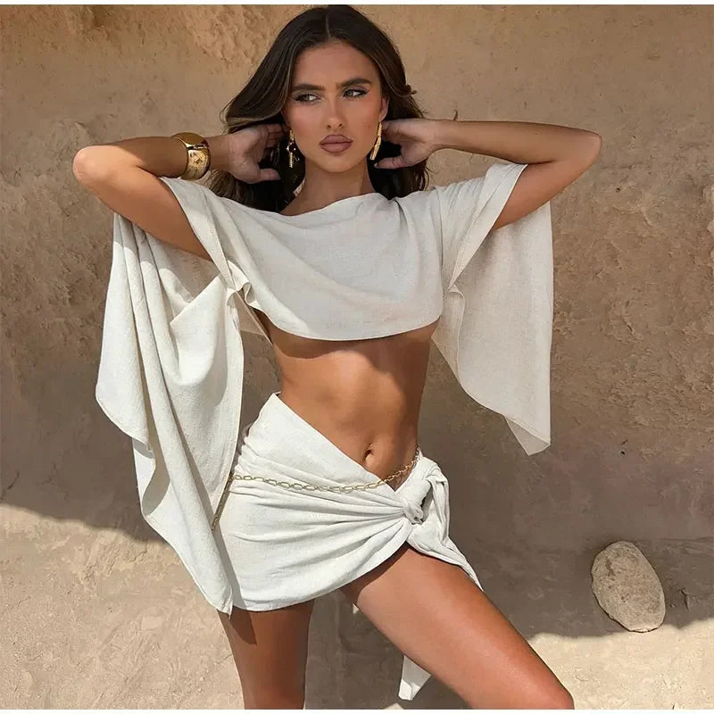 Women Solid Color Shawl Tops Mini Knot Skirt Suit Cotton Linen Comfort Skirts Set 2026 Spring Summer Lady Beach Holiday Outfit