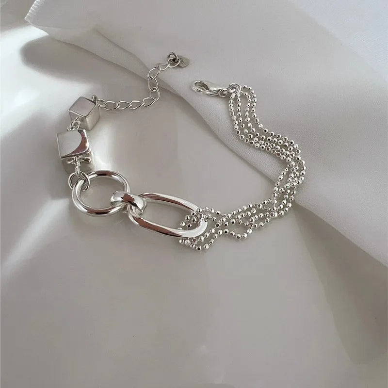PANJBJ 925 Sterling Silver Geometry Hollow Out Bracelet For Women Asymmetric Originality Adjustable Punk Jewelry Gift Dropship