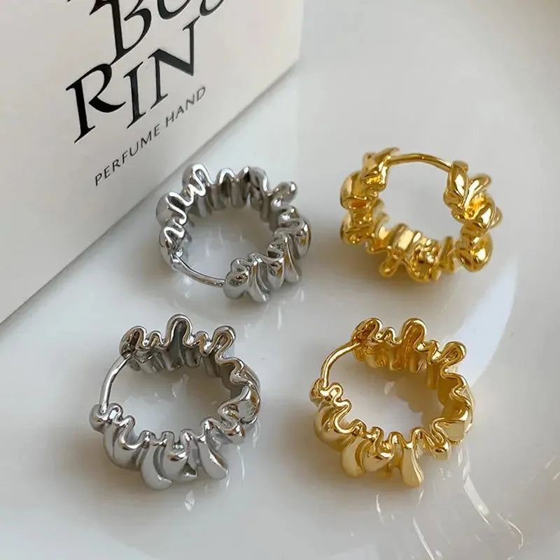 Metal Huggie Earrings Crinkle Molten Irregular Hoop Geometric Gold Silver Alloy Minimalist Women Small Jewelry Wear Gift Party